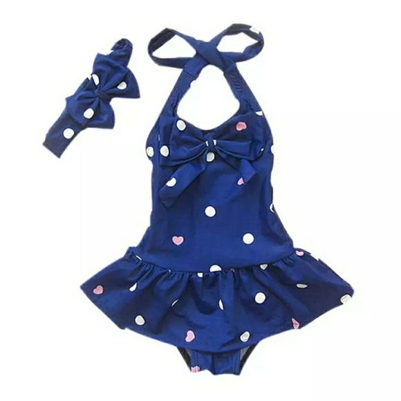 Blue Polka Dot Girls Bathing Suit with Blue Headba - Picture 4 of 4